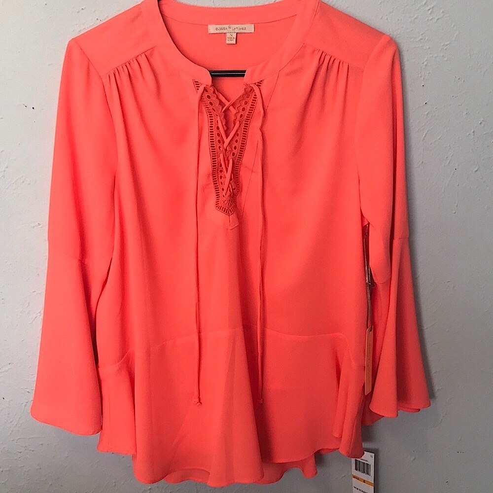 NWT- Gibson Latimer Orange/Coral Lace-Up Bell Sleeve Boho Tunic Blouse Top, S